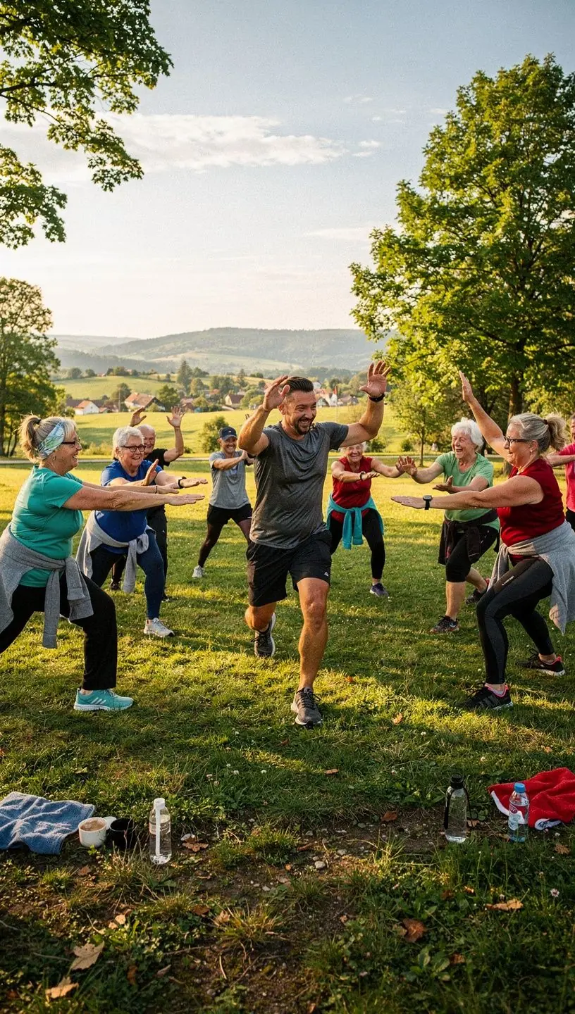 Žena v strednom veku vykonávajúca strečing na vonkajšej terase.