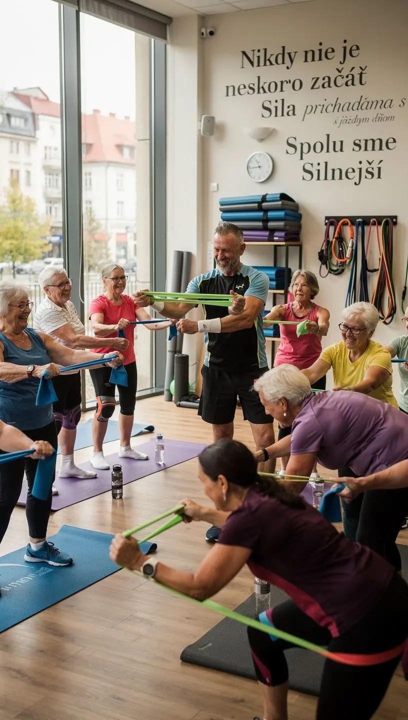 Tréner ukazujúci správnu techniku cvičenia starším účastníkom.