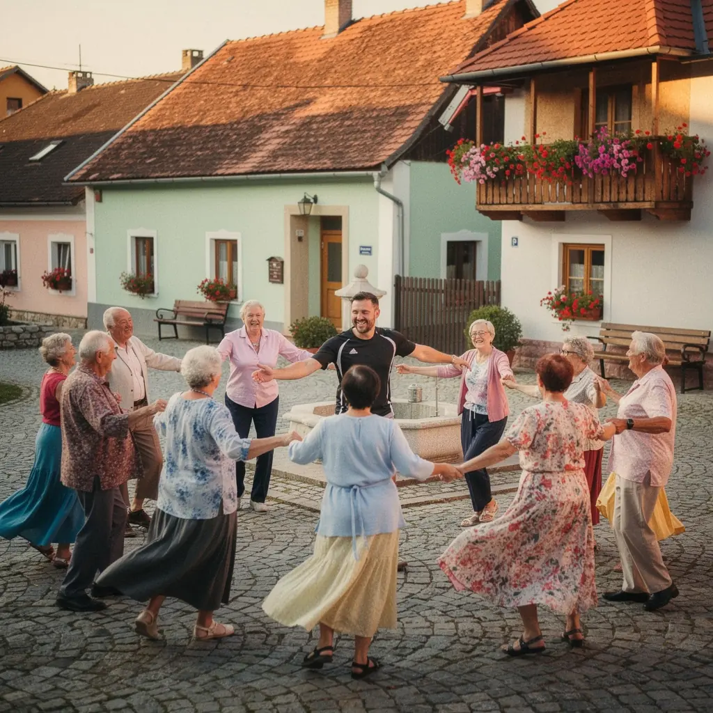 Starší muž cvičiaci na červenej podložke s úsmevom na tvári.